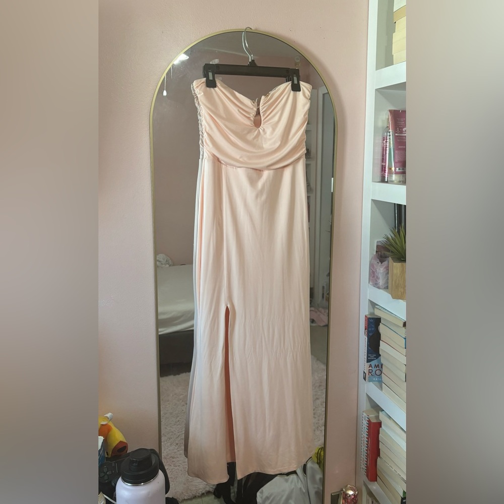 Oh Polly “Strapless Thigh High Split Maxi Dress in Blush”